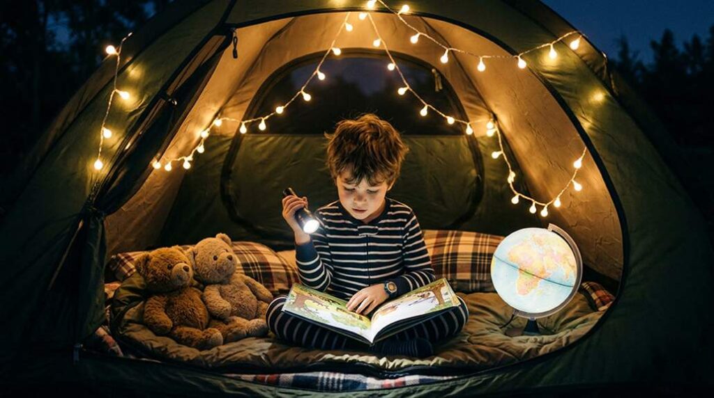 Young boy reading inside a tent decorated with string lights, surrounded by teddy bears and a globe