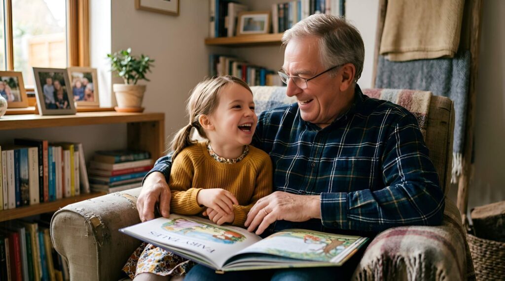 Grandfather and young granddaughter smiling while reading an illustrated children's book together on a couch in a home library.