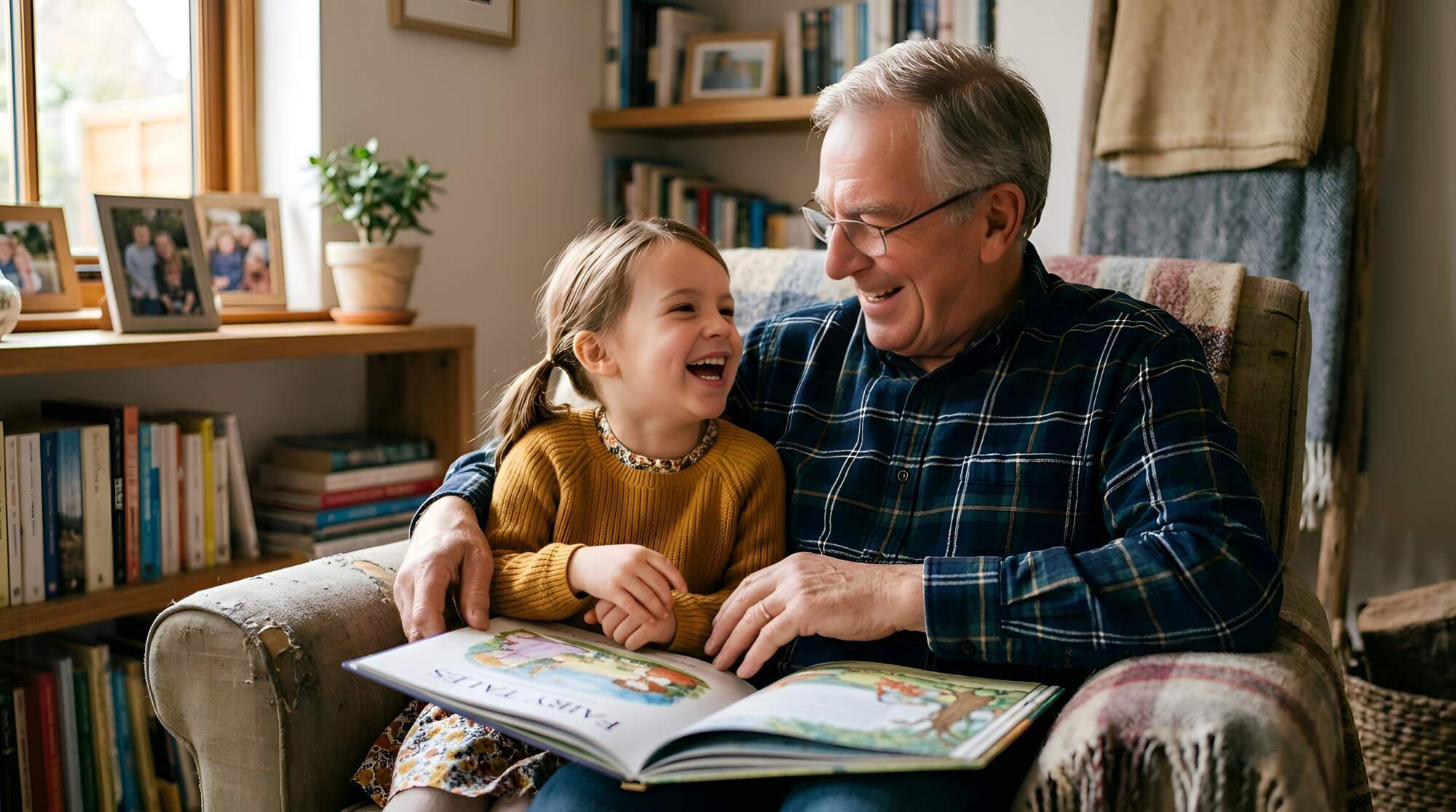 Grandfather and young granddaughter smiling while reading an illustrated children's book together on a couch in a home library.