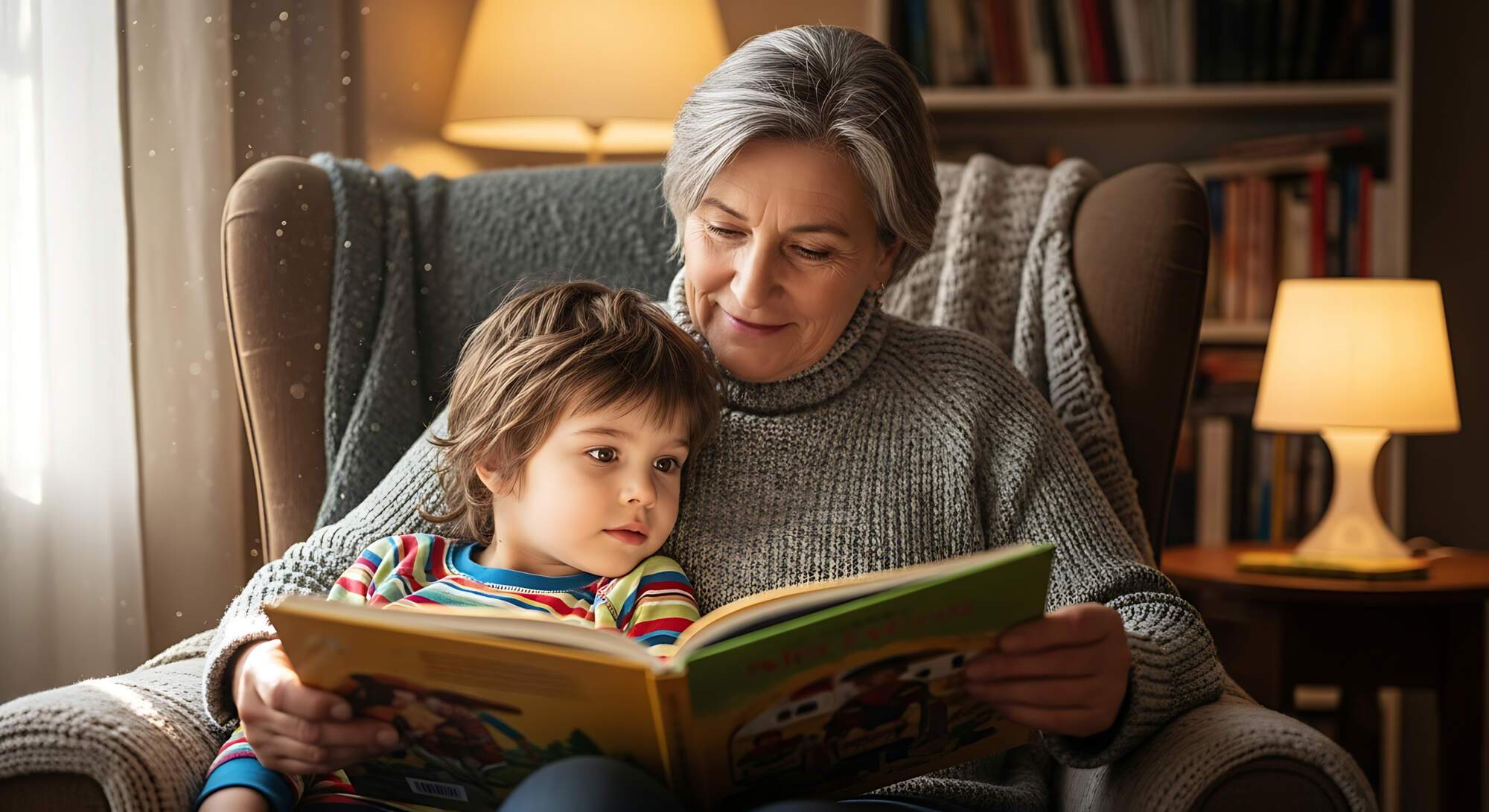 Grandmother and young child reading an illustrated picture book together while sitting in a comfortable armchair by a warm lamp.