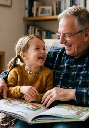 Grandfather Reading With Granddaughter Grandfather and young granddaughter smiling while reading an illustrated children's book together on a couch in a home library.